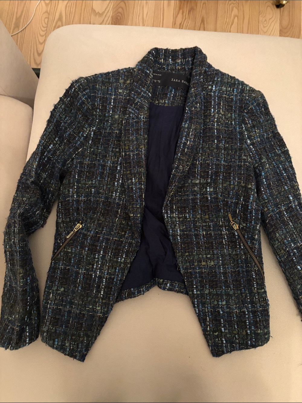 Zara Navy & Multicolor Tweed Open Blazer